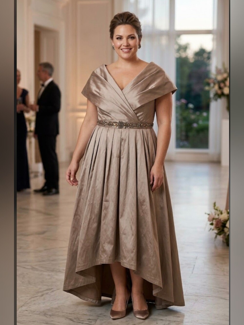 Adrianna Papell Taupe Satin Off‑Shoulder High‑Low Gown Size 22W NWT
